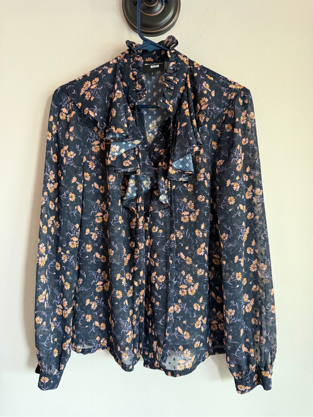 Jill Jill Stuart Womens 6 Navy Blue Floral Ruffle Neck Swiss Dot Chiffon Blouse